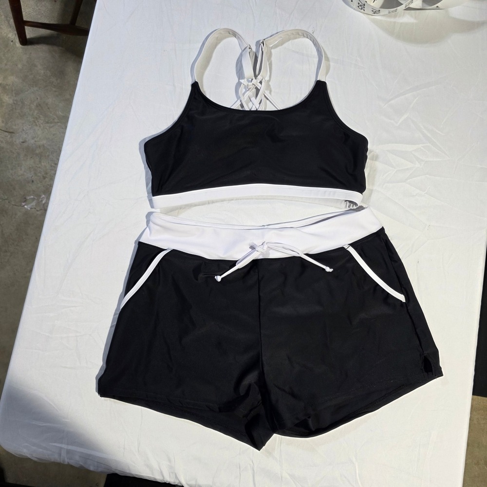 Aqua Eve 3 Piece Swimsuit Set Black White Tankini Bikini Top Shorts Mens Size M